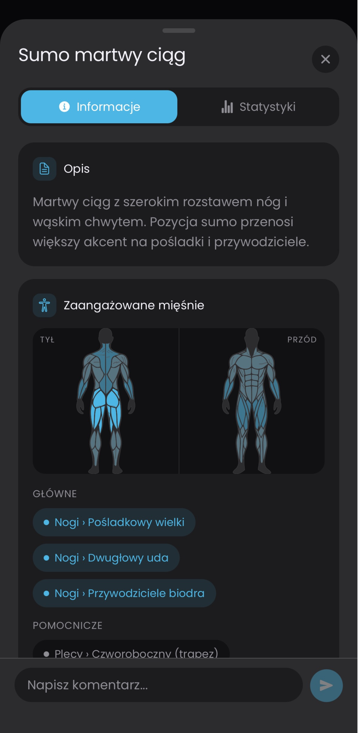 Podgląd ćwiczenia z opisem i mapą mięśni