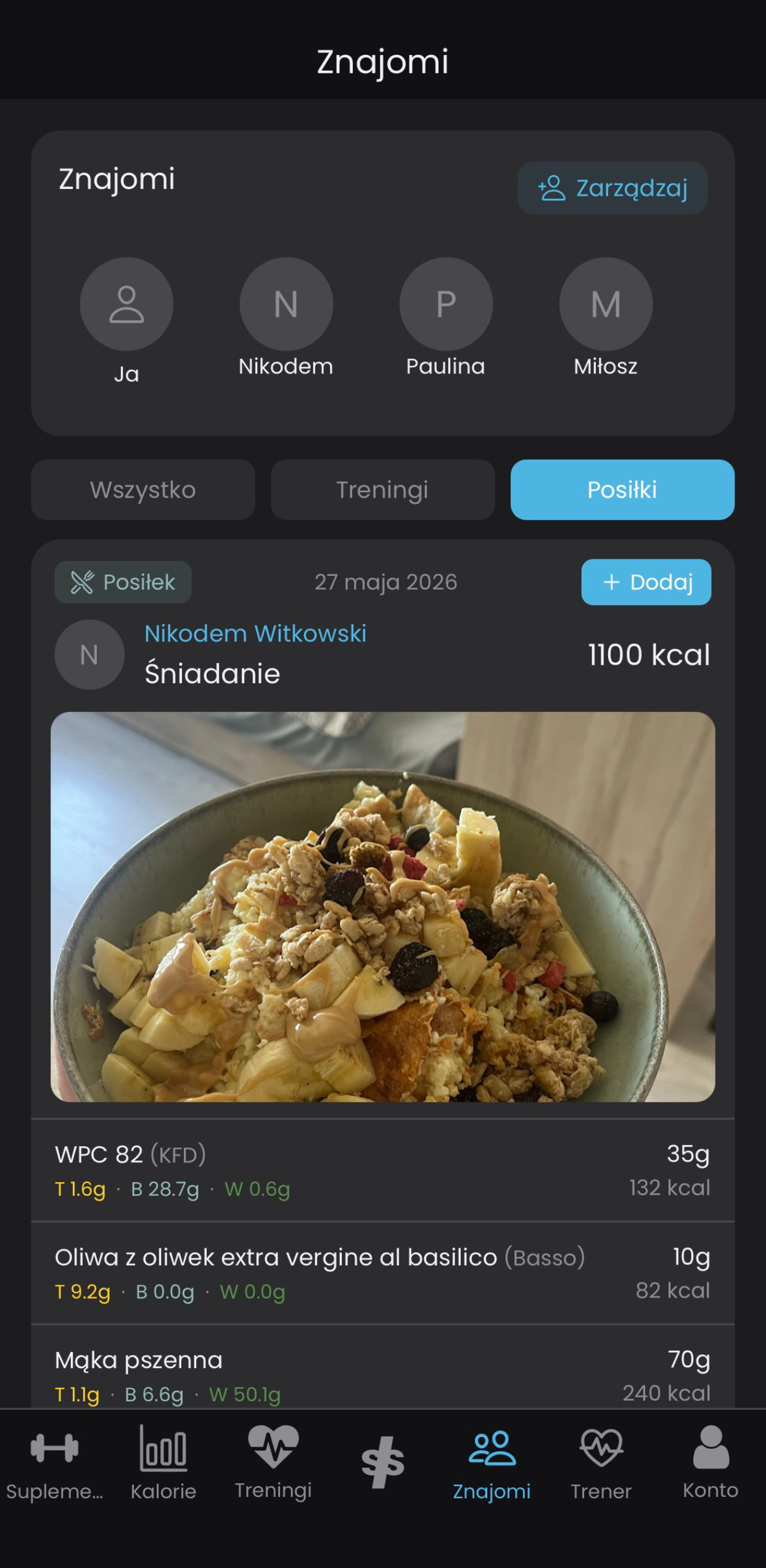 Feed znajomych w aplikacji SupplesSupply z udostępnionym posiłkiem
