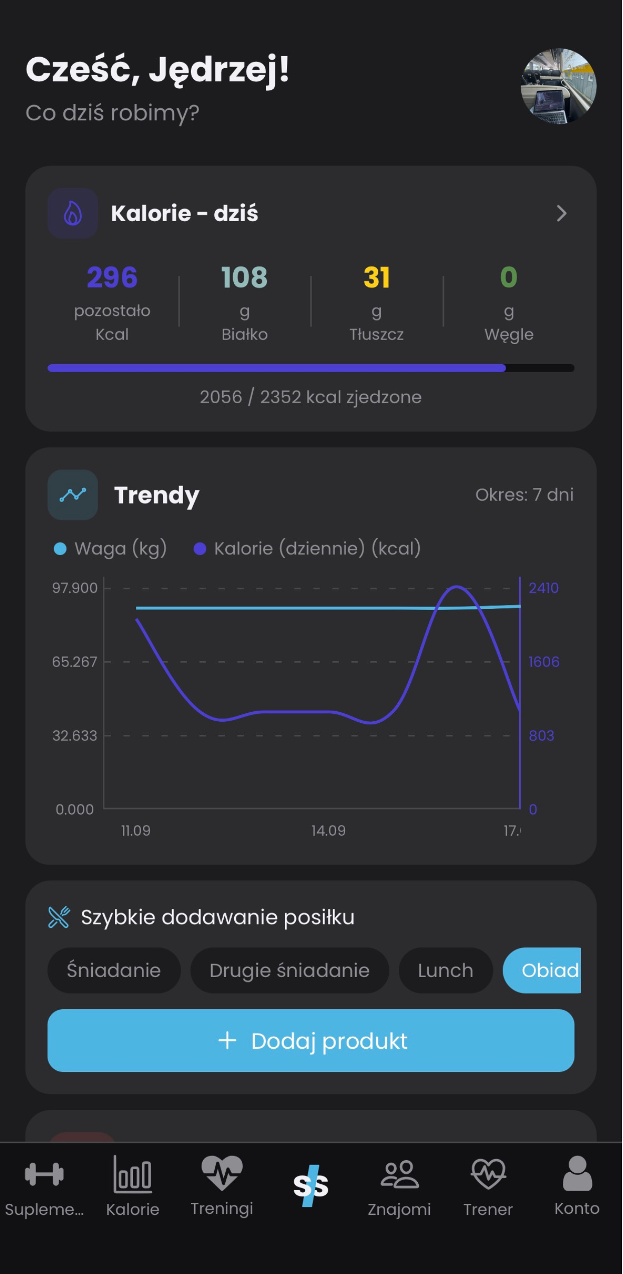 Ekran główny aplikacji SupplesSupply z podsumowaniem kalorii i wykresem trendów