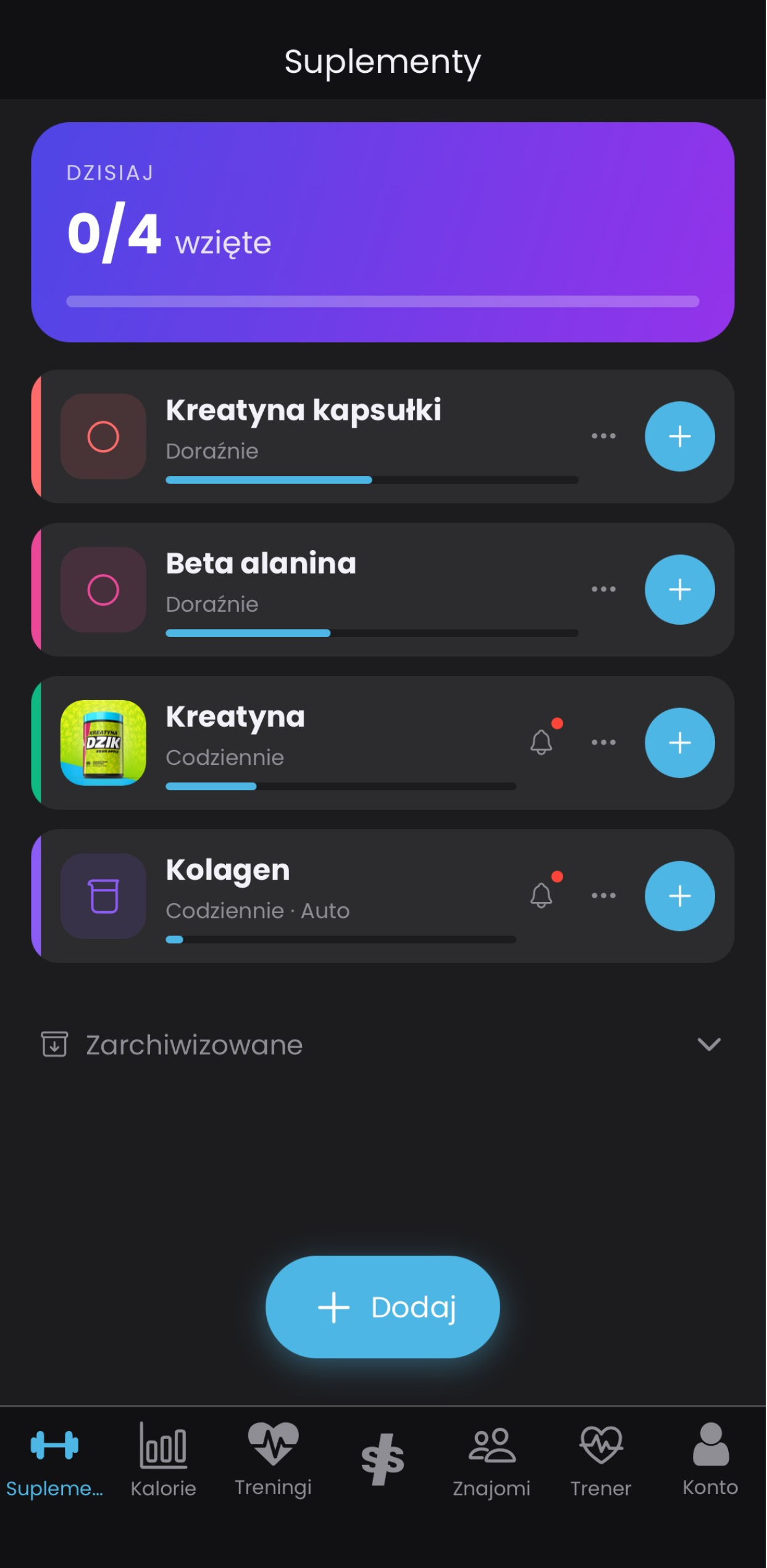 Lista suplementów w aplikacji SupplesSupply z paskiem postępu dziennych dawek
